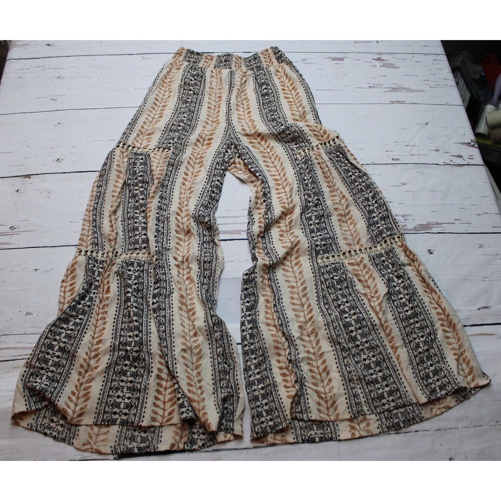 Angie Tribal Print Wide Leg Palazzo Pants Smocked Waist Tiered Crochet Cream Tan